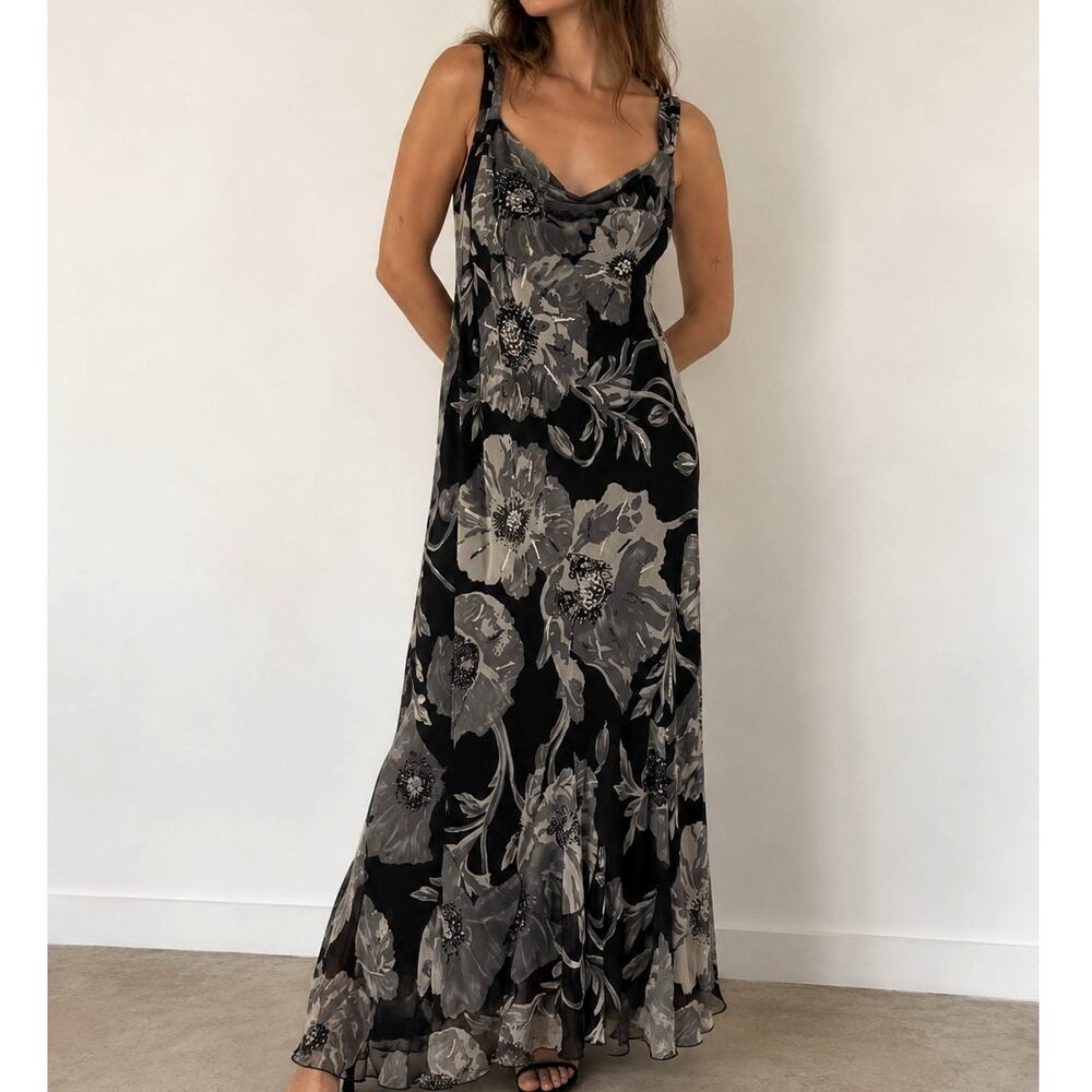 Midnight Velvet Floral Maxi Dress 2X Black Gray Cowl Neck Sleeveless Y2K Formal